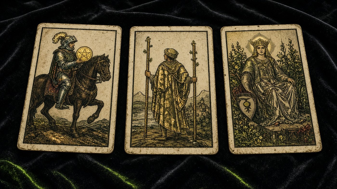Koyu kadife örtü üzerinde üç Marsilya tarot kartı: Tılsım Şövalyesi, Değnek İkilisi, İmparatoriçe