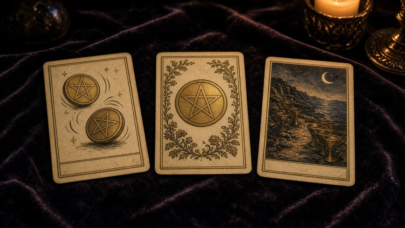 Koyu kadife örtü üzerinde üç Marsilya tarot kartı: Tılsım İkilisi, Tılsım Ası, Kupa Sekizlisi
