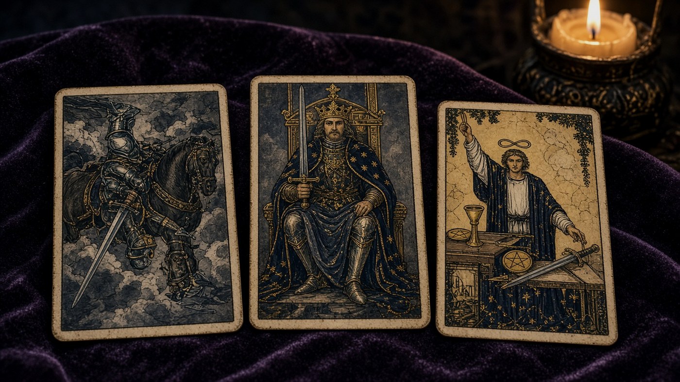 Koyu kadife örtü üzerinde üç Marsilya tarot kartı: Kılıç Şövalyesi, Kılıç Kralı, Büyücü