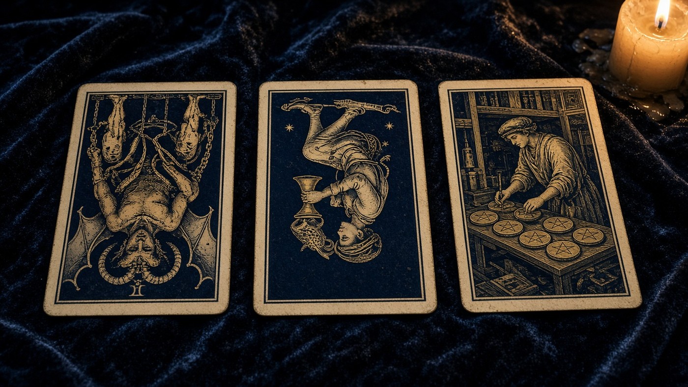 Koyu kadife örtü üzerinde üç Marsilya tarot kartı: Şeytan, Kupa Uşağı, Tılsım Sekizlisi