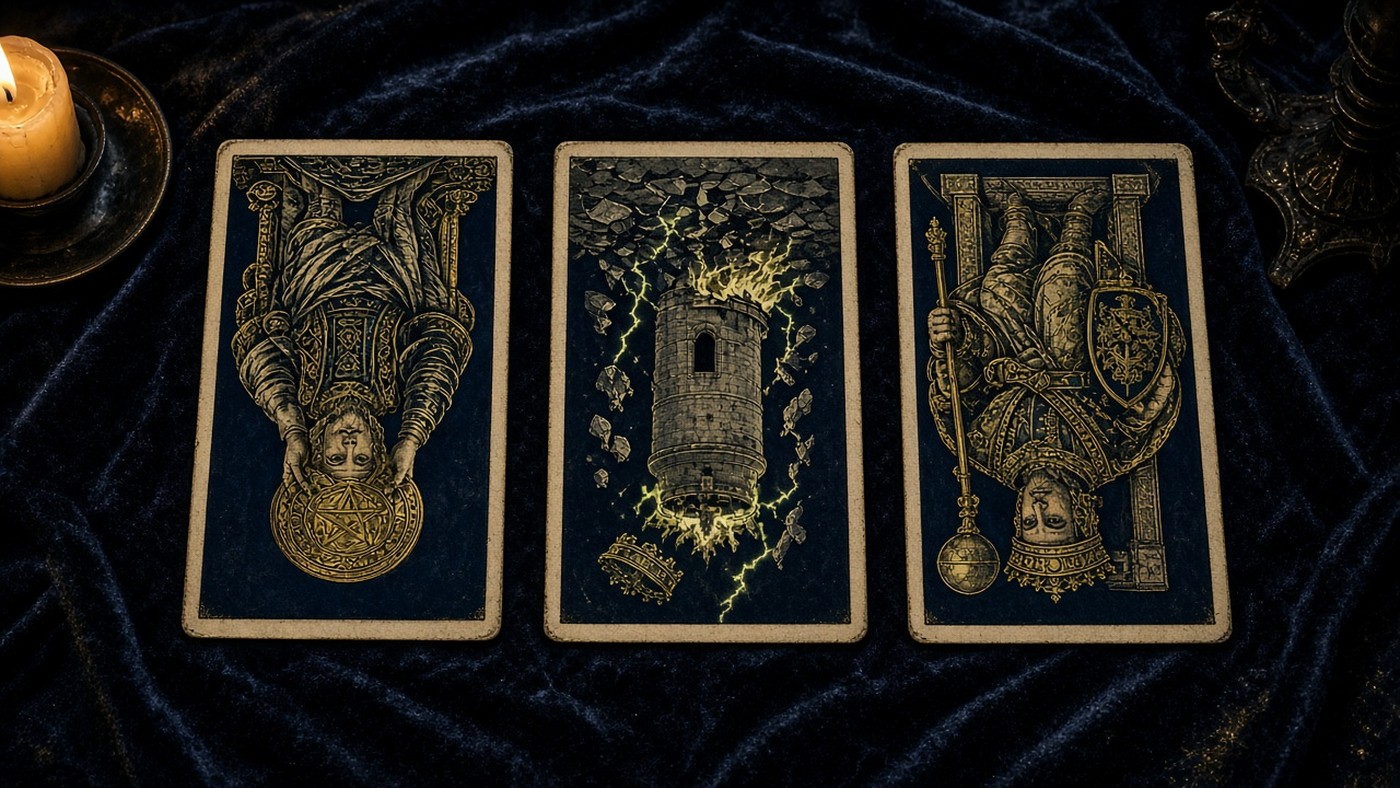 Koyu kadife örtü üzerinde üç Marsilya tarot kartı: Tılsım Kralı, Kule, İmparator