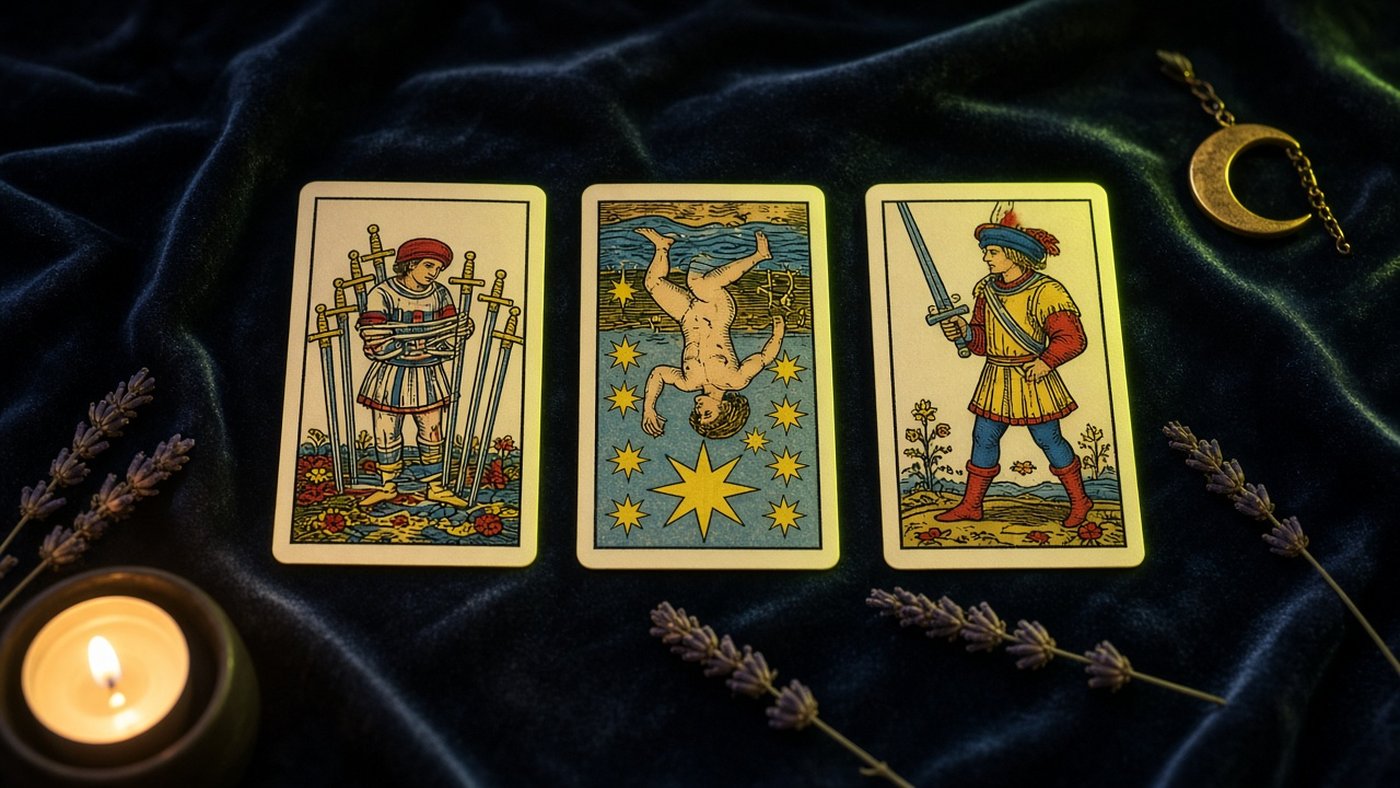Koyu kadife örtü üzerinde üç Marsilya tarot kartı: Kılıç Sekizlisi, Yıldız, Kılıç Uşağı