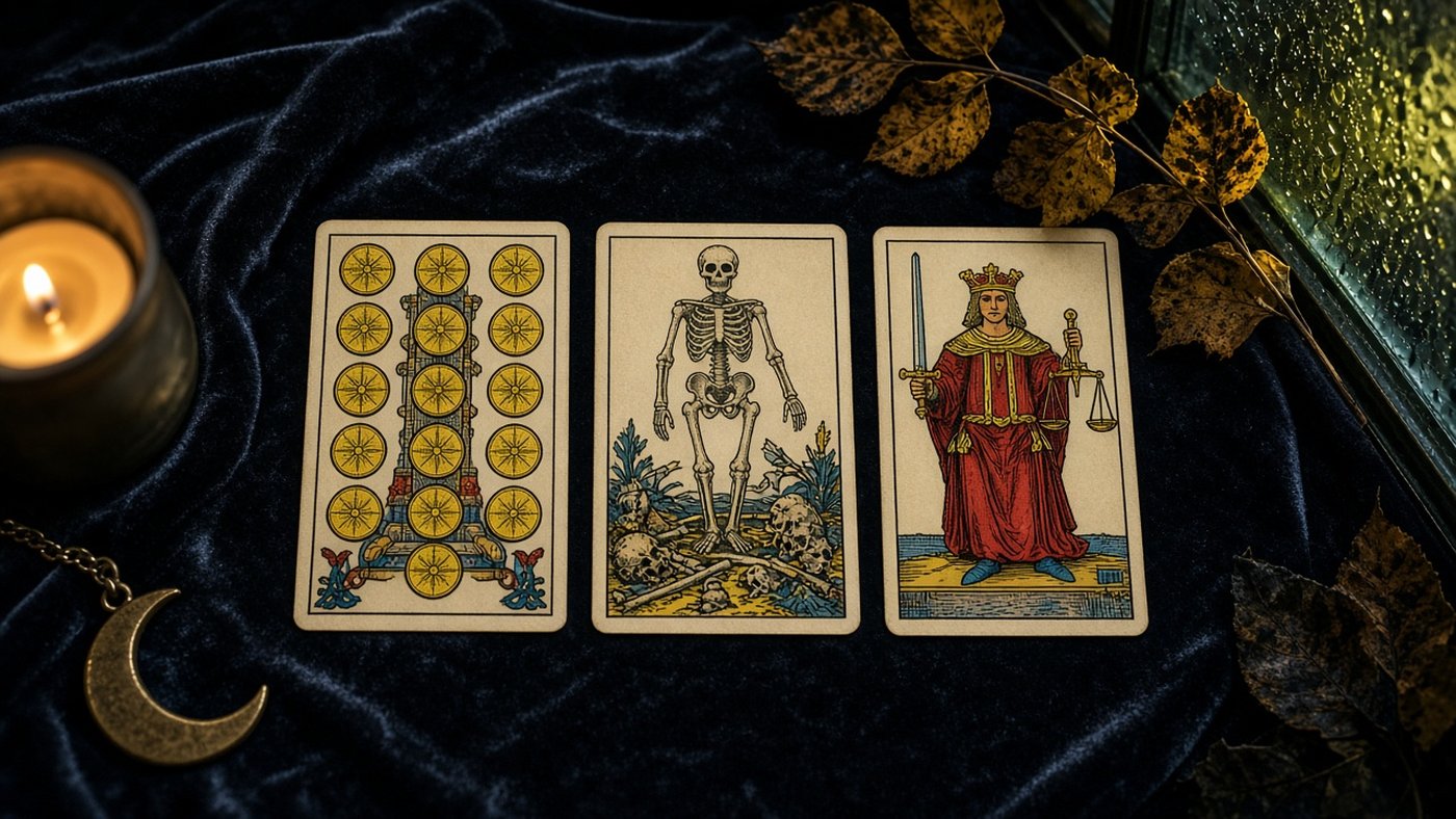 Koyu kadife örtü üzerinde üç Marsilya tarot kartı: Tılsım Onlusu, İsimsiz Kart, Adalet