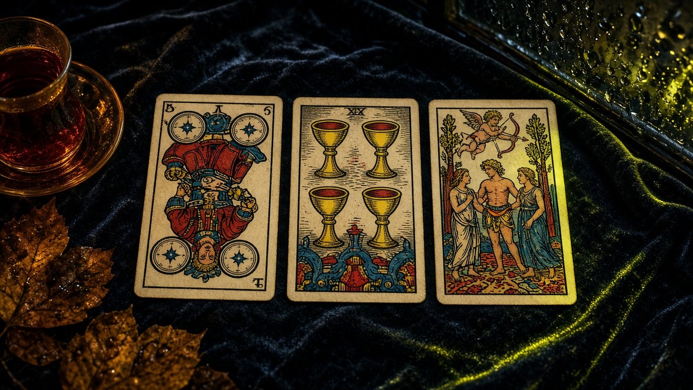 Koyu kadife örtü üzerinde üç Marsilya tarot kartı: Tılsım Dörtlüsü, Kupa Dörtlüsü, Aşıklar
