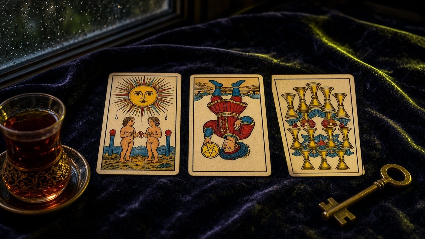 Koyu kadife örtü üzerinde üç Marsilya tarot kartı: Güneş, Tılsım Uşağı, Kupa Onlusu