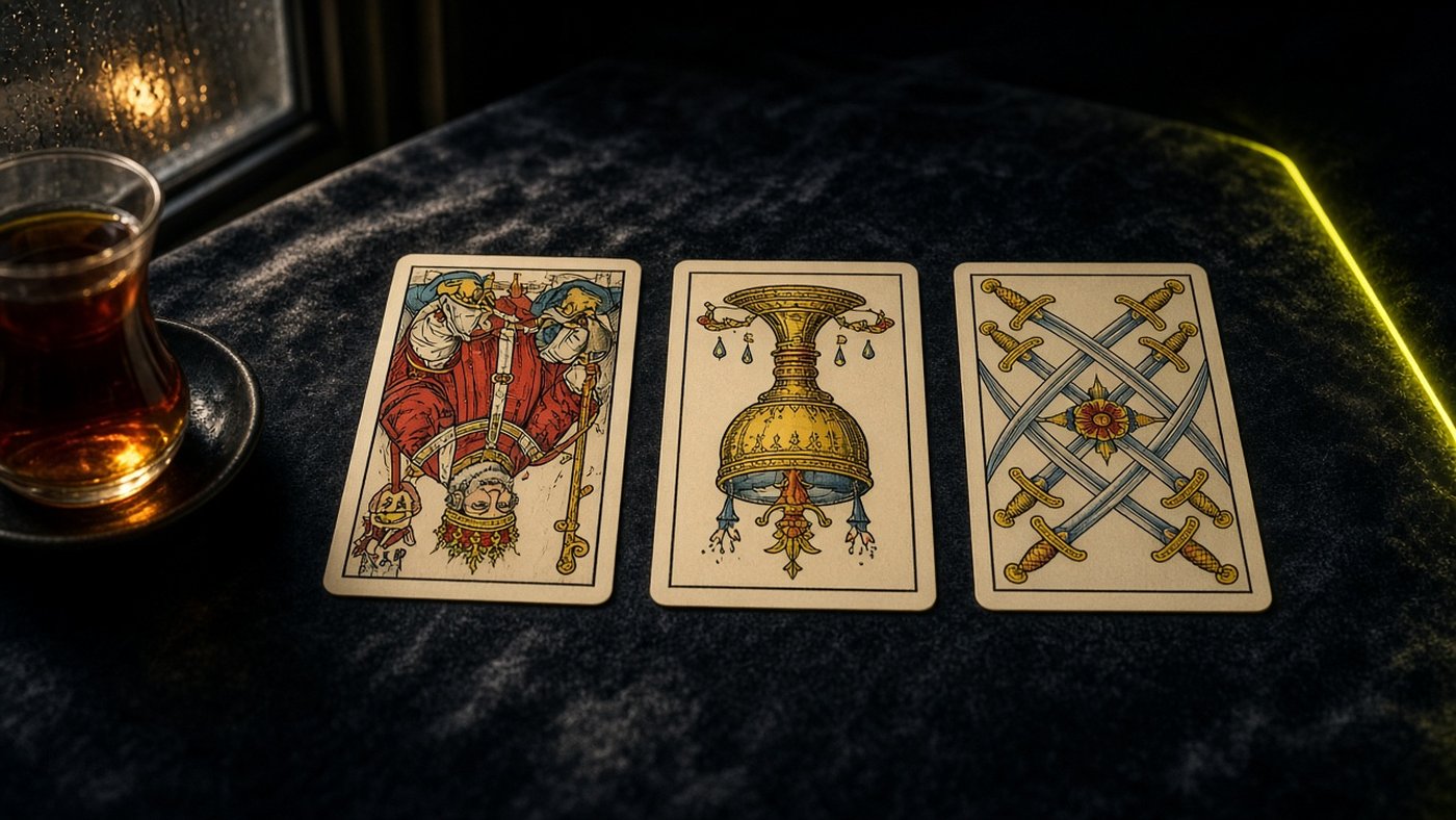 Koyu kadife örtü üzerinde üç Marsilya tarot kartı: Papa, Kupa Ası, Kılıç Dokuzlusu