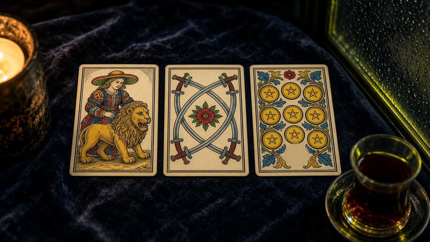 Koyu kadife örtü üzerinde üç Marsilya tarot kartı: Güç, Kılıç Dörtlüsü, Tılsım Dokuzlusu