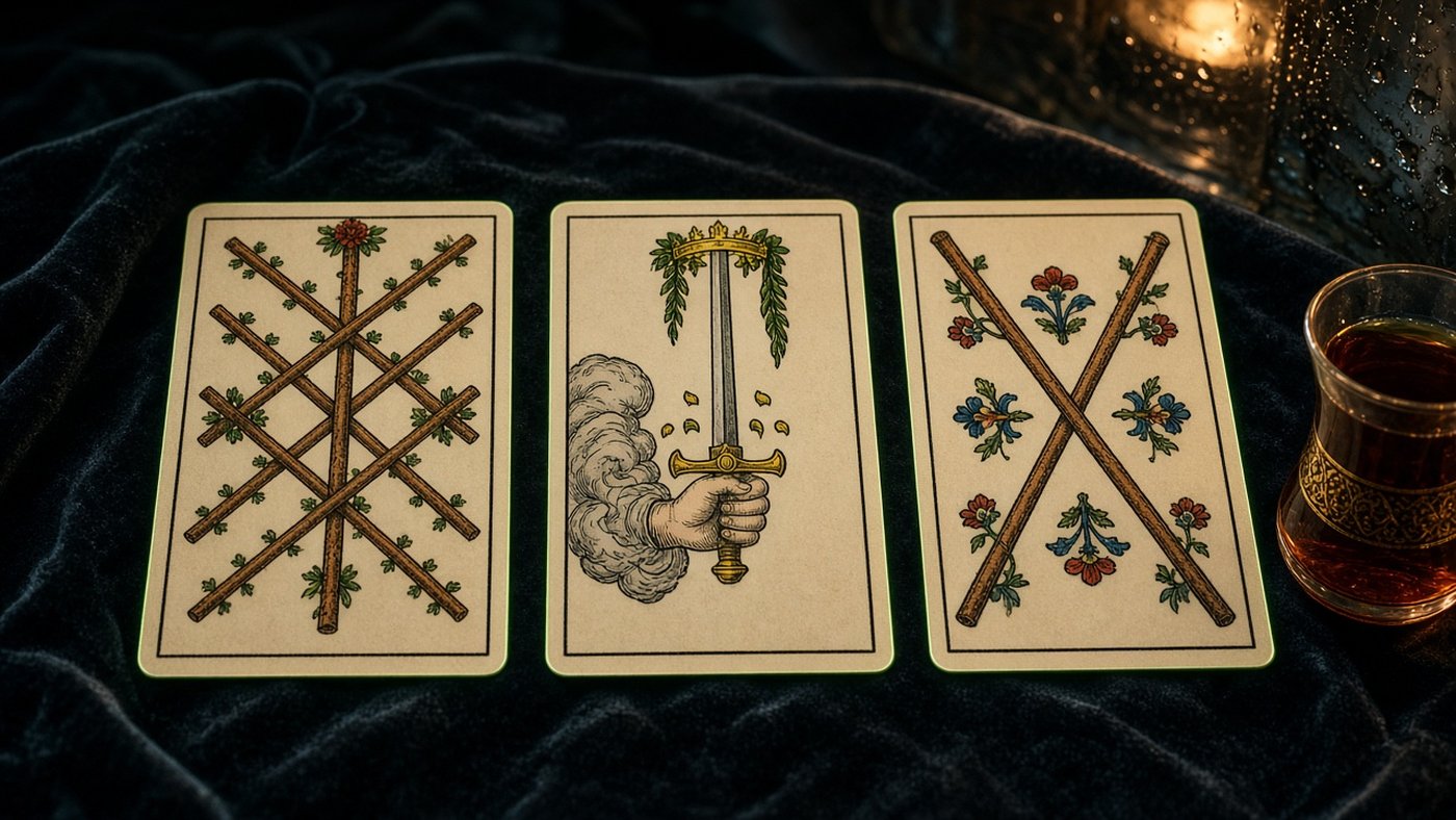 Koyu kadife örtü üzerinde üç Marsilya tarot kartı: Değnek Yedilisi, Kılıç Ası, Değnek İkilisi
