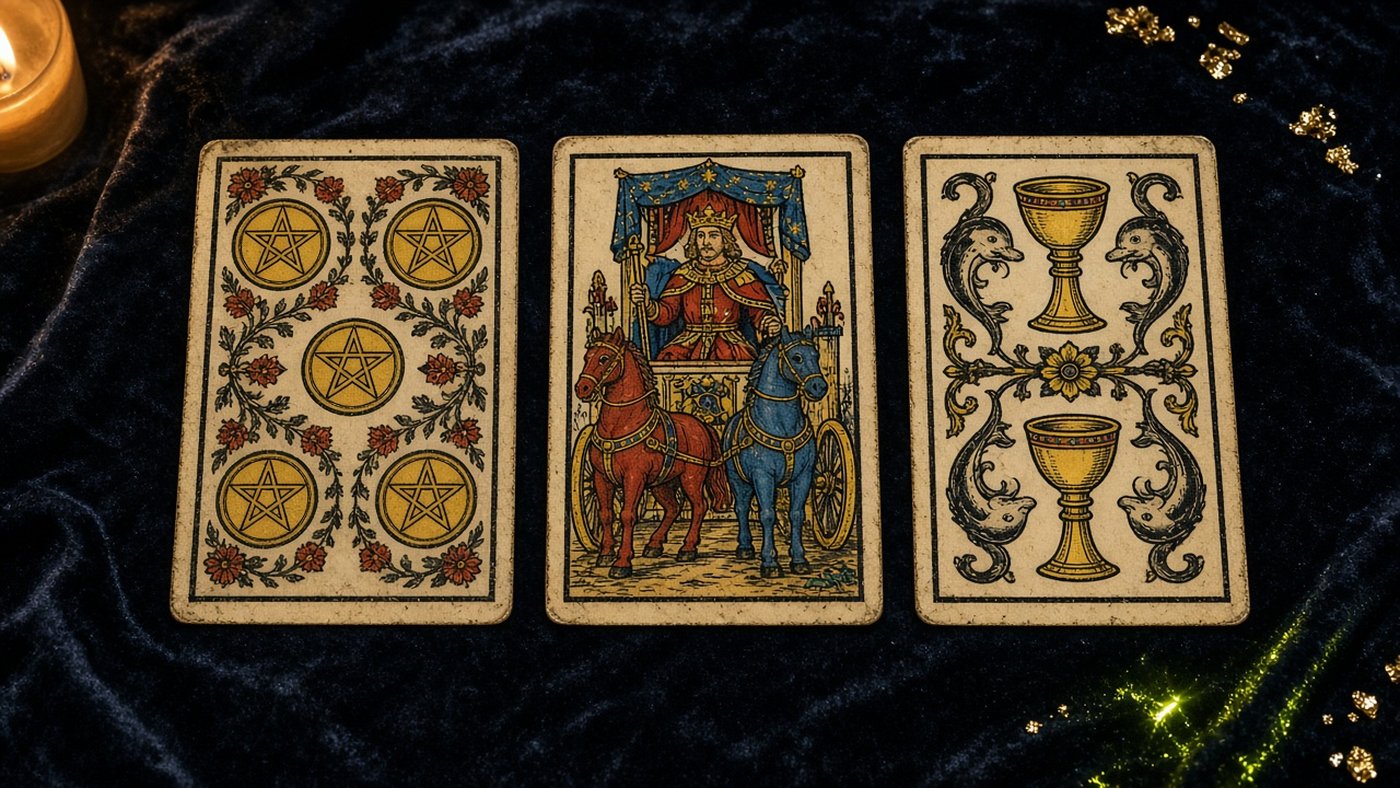 Koyu kadife örtü üzerinde üç Marsilya tarot kartı: Tılsım Beşlisi, Savaş Arabası, Kupa İkilisi