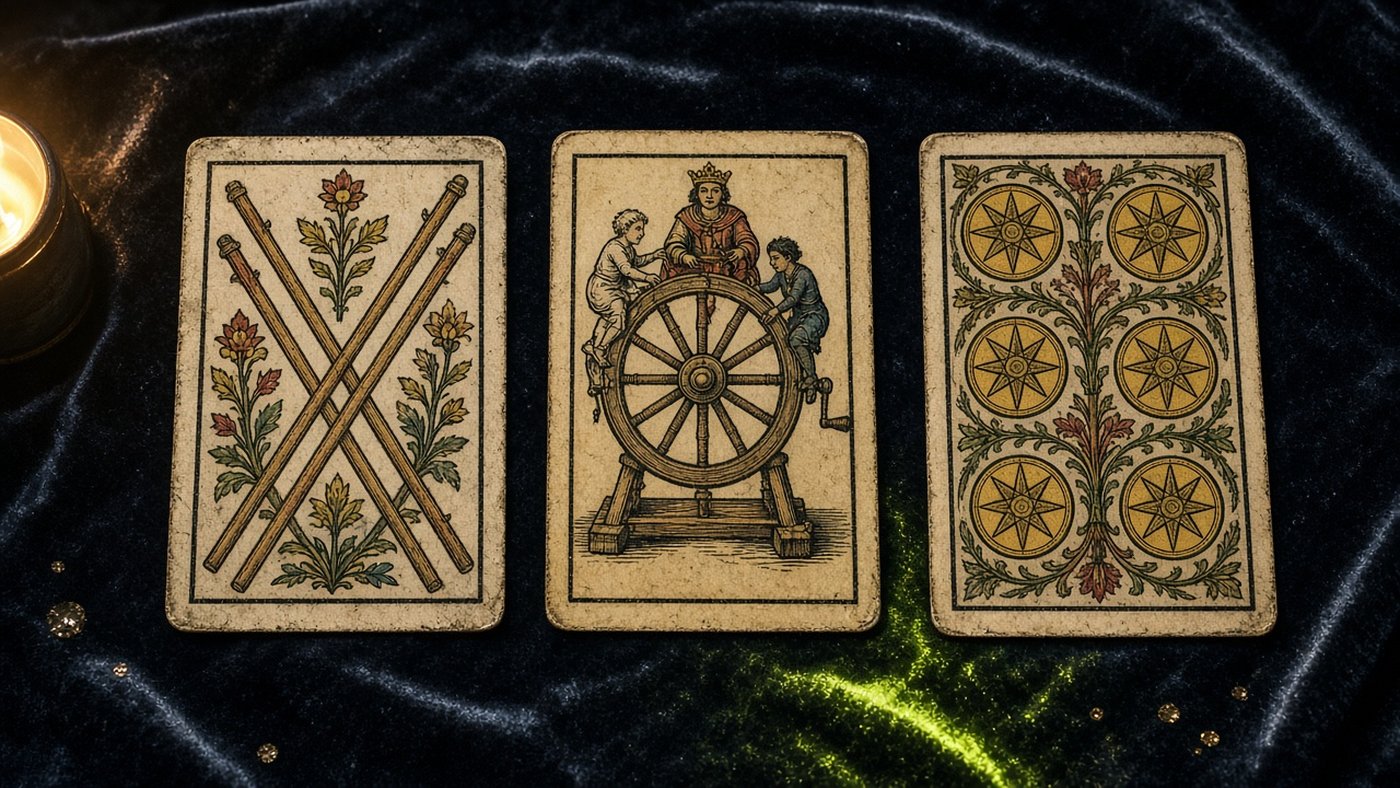 Koyu kadife örtü üzerinde üç Marsilya tarot kartı: Değnek Dörtlüsü, Çarkıfelek, Tılsım Altılısı