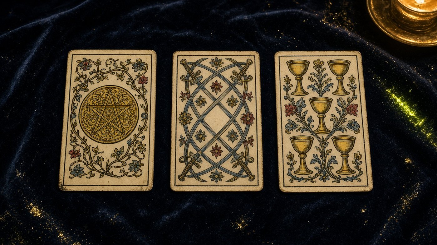 Koyu kadife örtü üzerinde üç Marsilya tarot kartı: Tılsım Ası, Kılıç Altılısı, Kupa Beşlisi