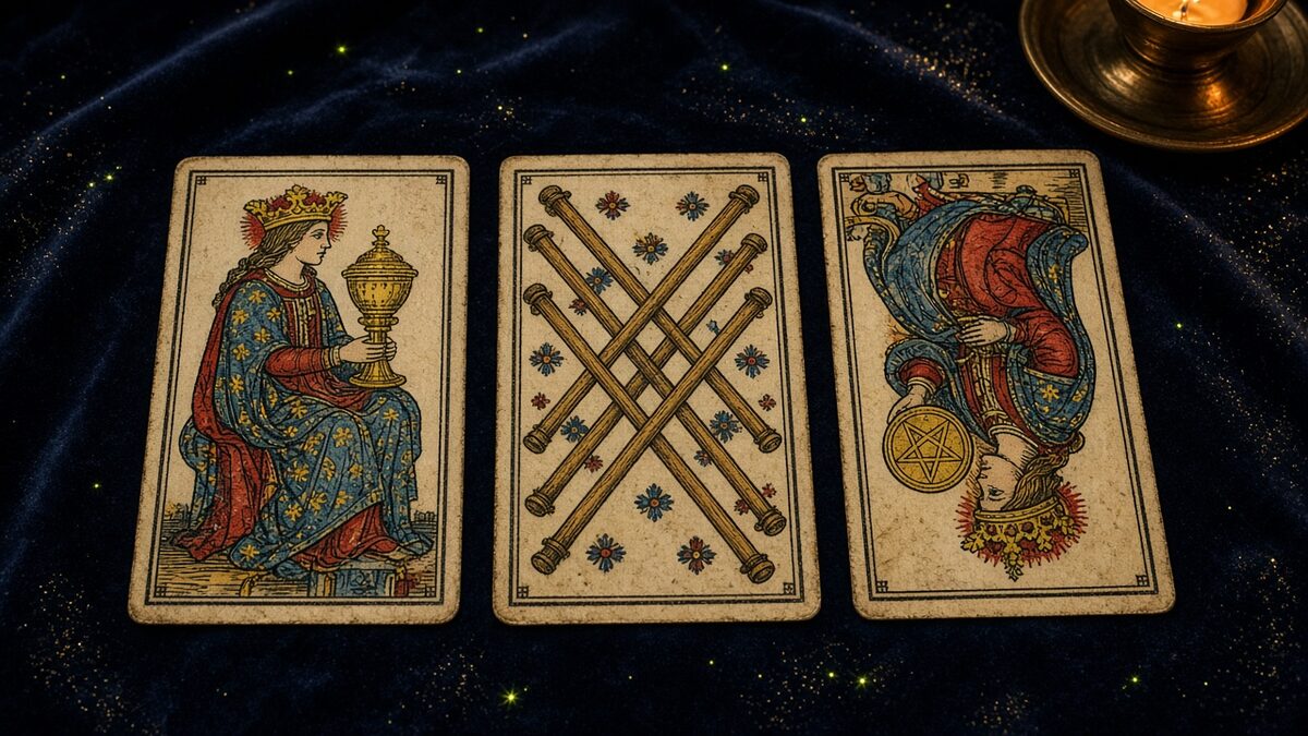 Koyu kadife örtü üzerinde üç Marsilya tarot kartı: Kupa Kraliçesi, Değnek Altılısı, Tılsım Kraliçesi