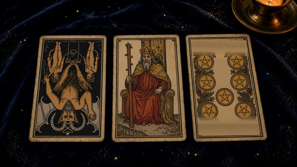 Koyu kadife örtü üzerinde üç Marsilya tarot kartı: Şeytan, Değnek Kralı, Tılsım Yedilisi