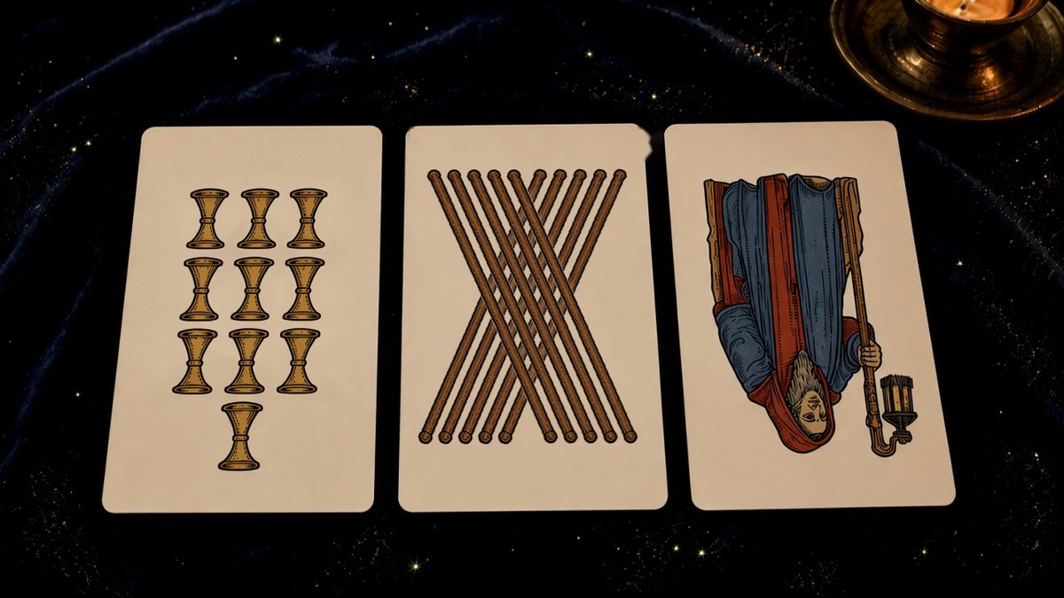 Koyu kadife örtü üzerinde üç Marsilya tarot kartı: Kupa Onlusu, Değnek Onlusu, Ermiş