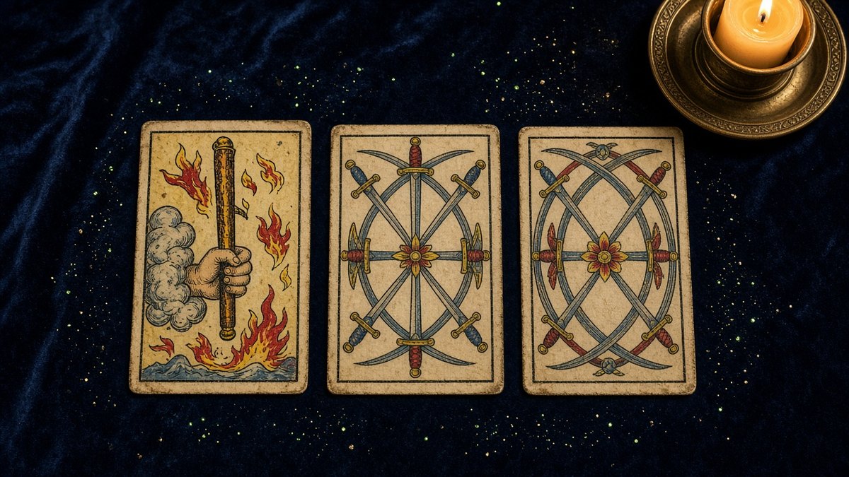 Koyu kadife örtü üzerinde üç Marsilya tarot kartı: Değnek Ası, Kılıç Yedilisi, Kılıç Sekizlisi