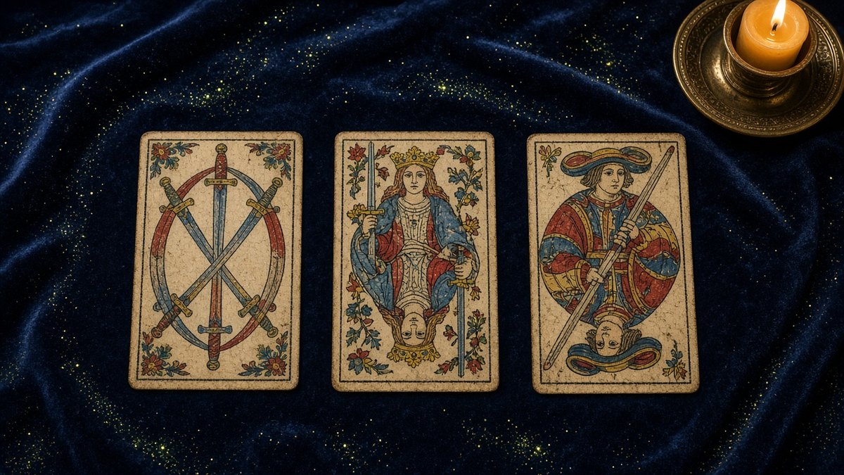 Koyu kadife örtü üzerinde üç Marsilya tarot kartı: Kılıç Üçlüsü, Kılıç Kraliçesi, Kılıç Uşağı