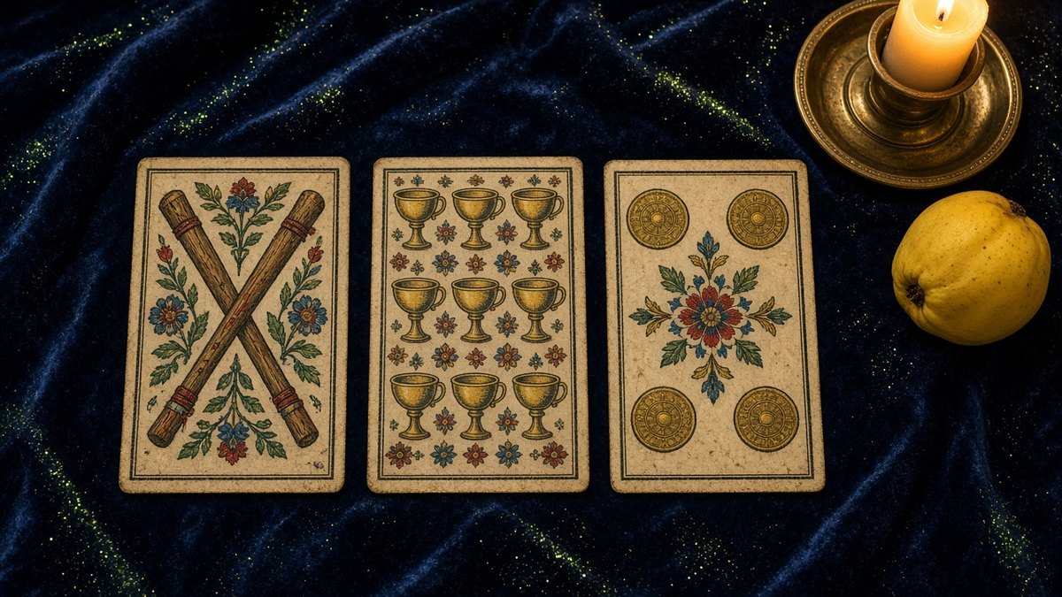 Koyu kadife örtü üzerinde üç Marsilya tarot kartı: Değnek İkilisi, Kupa Dokuzlusu, Tılsım Dörtlüsü