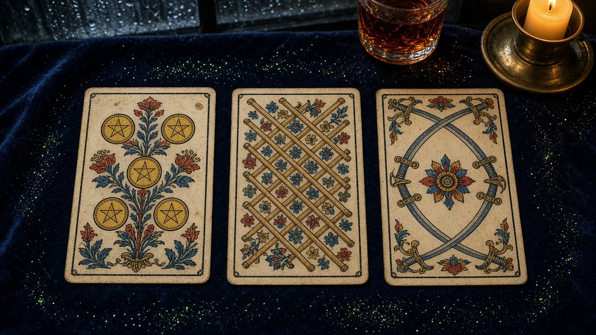 Koyu kadife örtü üzerinde üç Marsilya tarot kartı: Tılsım Beşlisi, Değnek Sekizlisi, Kılıç İkilisi