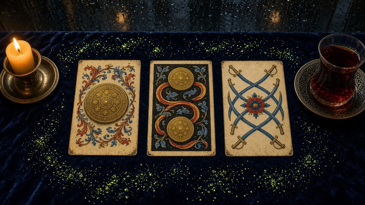 Koyu kadife örtü üzerinde üç Marsilya tarot kartı: Tılsım Ası, Tılsım İkilisi, Kılıç Altılısı