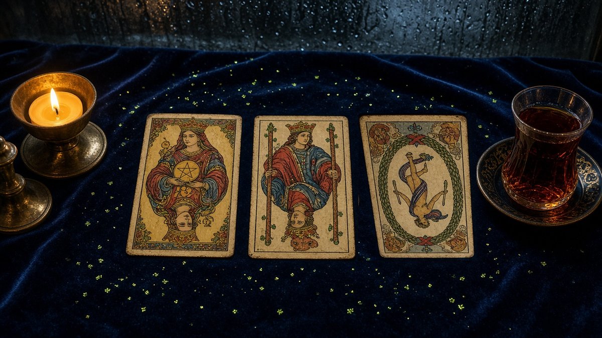 Koyu kadife örtü üzerinde üç Marsilya tarot kartı: Tılsım Kraliçesi, Değnek Kraliçesi, Dünya