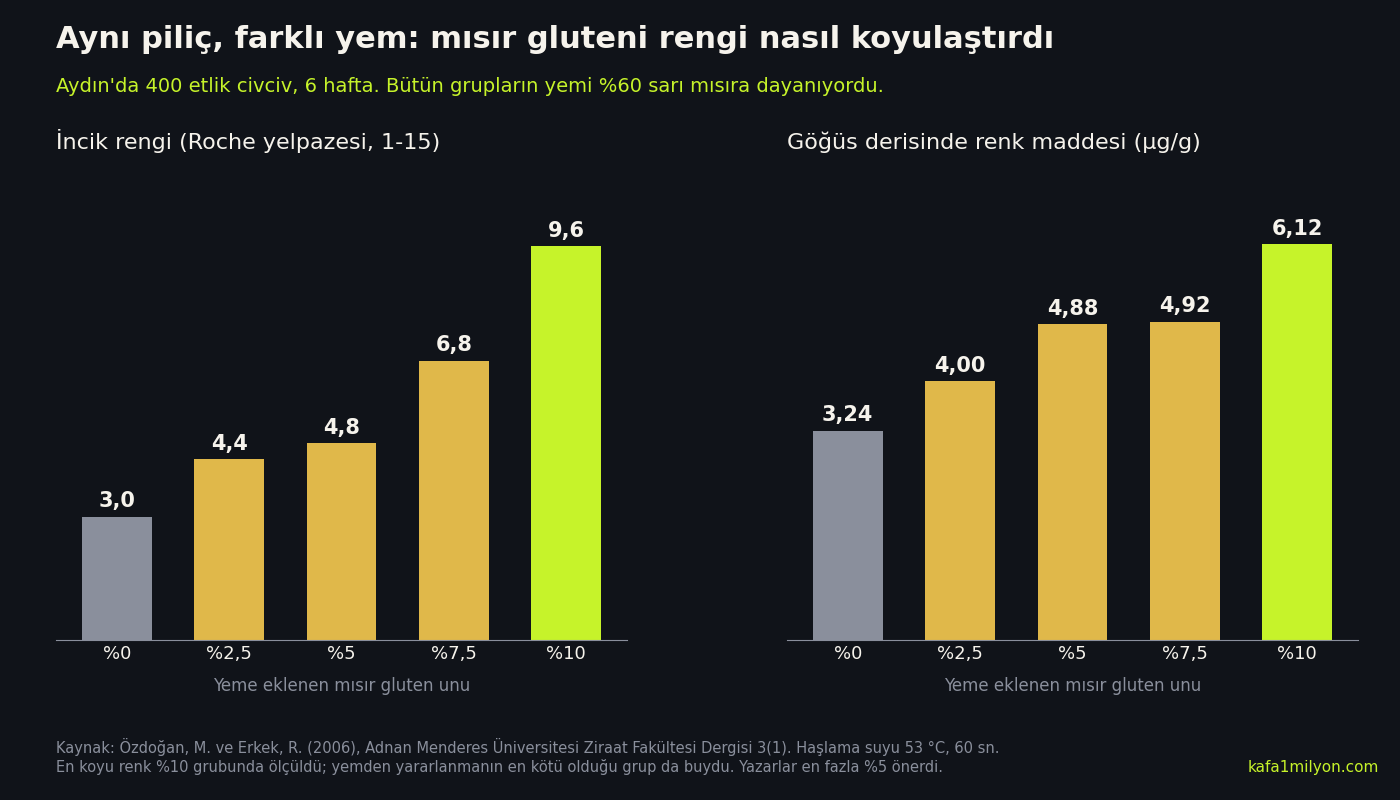 Bilgi grafiği: yeme yüzde 0, 2,5, 5, 7,5 ve 10 mısır gluten unu eklenen beş grupta incik rengi 3,0, 4,4, 4,8, 6,8 ve 9,6; göğüs derisindeki renk maddesi 3,24, 4,00, 4,88, 4,92 ve 6,12 mikrogram/gram