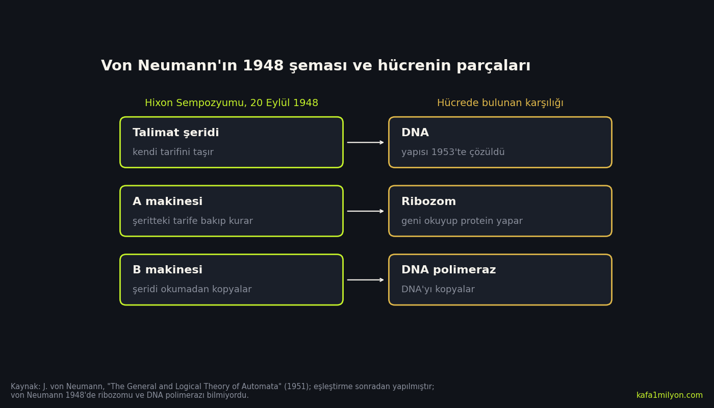 Bilgi grafiği: von Neumann'ın 1948 şemasındaki talimat şeridi, A makinesi ve B makinesi solda; hücredeki karşılıkları olan DNA, ribozom ve DNA polimeraz sağda, oklarla eşleştirilmiş