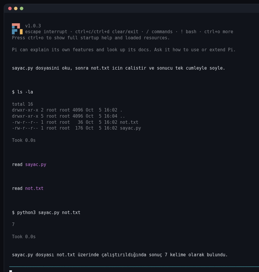 Terminal ekran görüntüsü: Pi 1.0.3 logosu, Türkçe bir komut, ls, iki dosya okuma ve python3 çağrısı, ardından 7 kelime sonucunu bildiren cevap; alt satırda 8.2k giriş tokenı ve 0,002 dolar maliyet