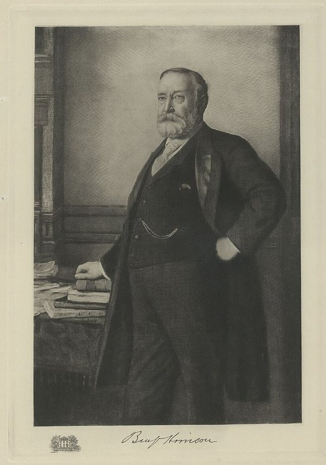 Siyah beyaz gravür: sakallı Benjamin Harrison ayakta, bir eli kitap yığınının üstünde, öbür eli belinde; altında imzası