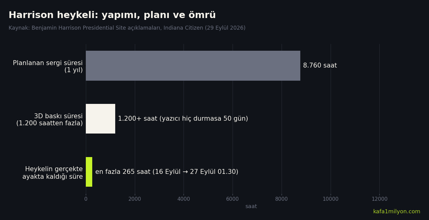 Bilgi grafiği: planlanan bir yıllık sergi süresi 8.760 saat, 3D baskı süresi 1.200 saatten fazla, heykelin gerçekte ayakta kaldığı süre en fazla 265 saat