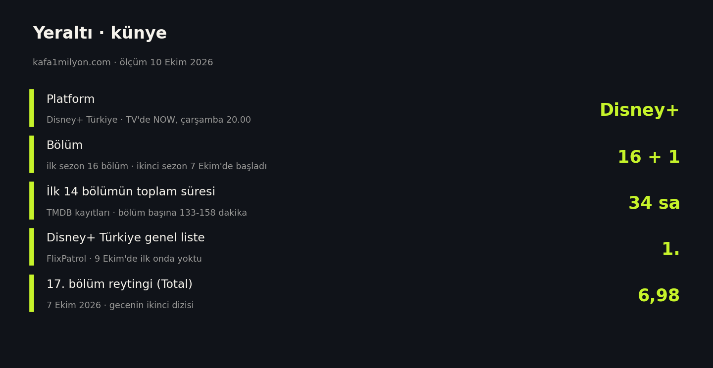 Yeraltı için platform, bölüm sayısı, toplam süre, Disney+ Türkiye liste sırası ve 17. bölüm reytingi