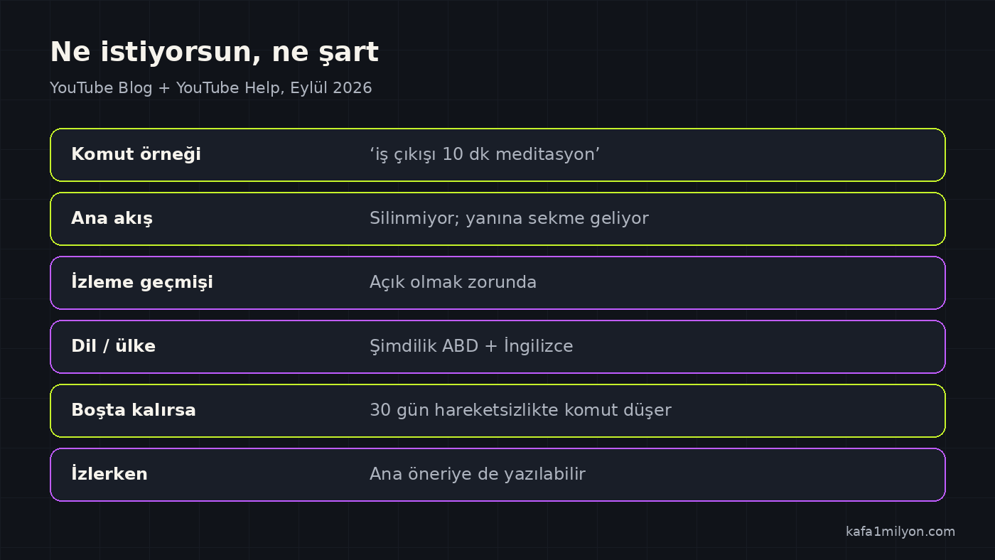 YouTube özel akış için komut, geçmiş, dil ve etki şartlarını gösteren grafik
